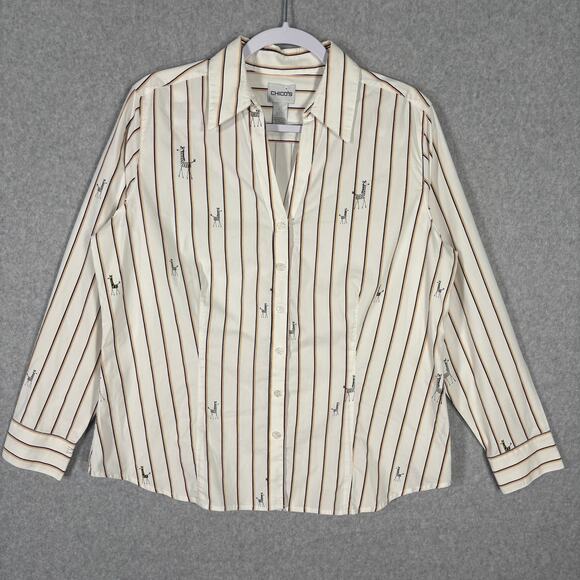 Chicos Shirt Womens Large 2 White Striped‎ Zebra Button Collar Career Office - Picture 1 of 12